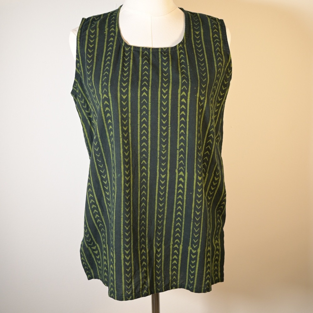 Fabindia Womens M Green Block Print Cotton Sleeveless Boho India Tank